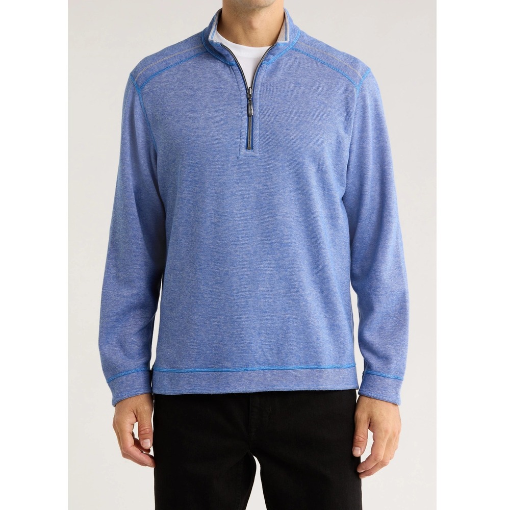 Tommy Bahama Mens 100% Cotton Blue Pullover Quarter Zip Sweater Sweatshirt XL